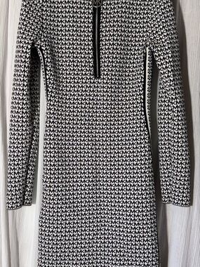 Michael Kors MK Logo Knit Dress Black White Quarter Zip Bodycon Sweater Dress S